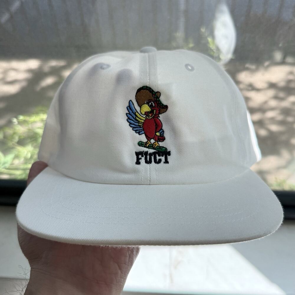 RARE Vintage FUCT Embroidered Bird Parrot White Baseball Cap Hat SnapBack